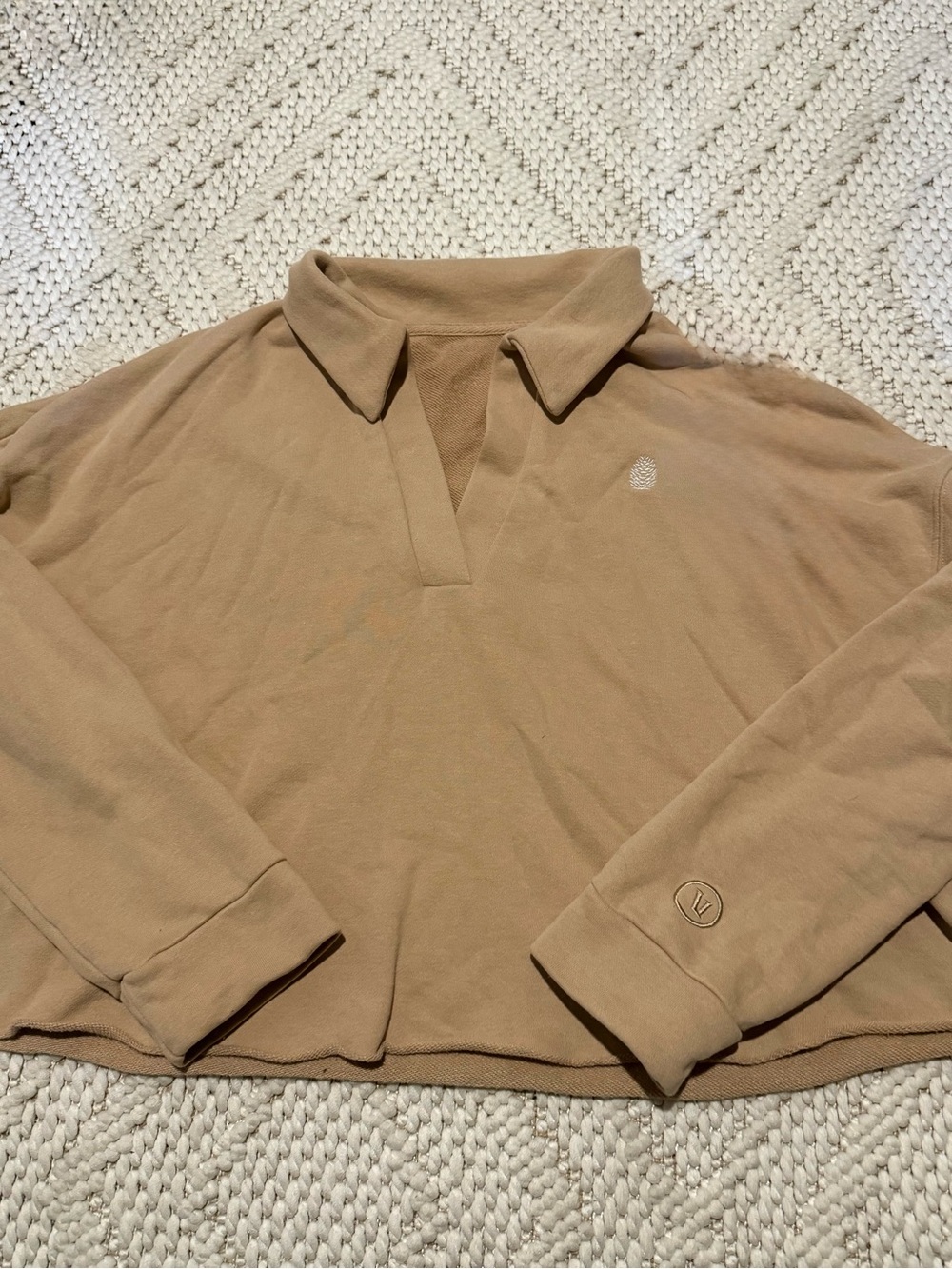 Vuori Sedona Polo Cropped Taupe Beige Relaxed Collared Pullover Sweatshirt M - Picture 4 of 8